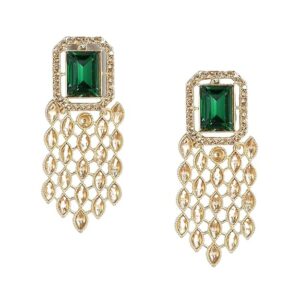 Accessher Gold Plated Indo Western Style Inspired Emerald and Rhinestones Embellished Green Stone Studded Dangle Earrings with Push Back Closure for Women and Girls| Gifting for Karwachauth |