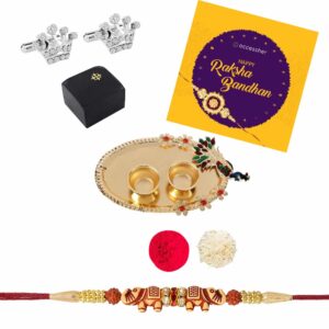 AccessHer Elegant Gold Rakhi Gift Set with Acrylic Pooja Thali, Roli Kumkum and silver plated crown Cufflinks for men with a Happy Rakhshabadhan card for Brother- COMCL104SRKD9