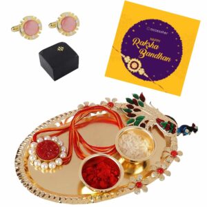 AccessHer Elegant Gold Rakhi Gift Set with Acrylic Pooja Thali, Roli Kumkum and gold plated peach Cufflinks for men with a Happy Rakhshabadhan card for Brother- COMCL114GPRKD22