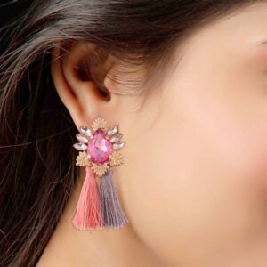 stylish pastel pink and grey long tassel earrings