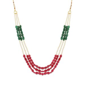 Multi Strang Ruby Emerald Beads and Pearl Necklace Set for Women