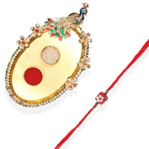 RK21TH2R2 -AccessHer Elegant Rakhi Set with Acrylic Golden Pooja Thali, Roli Kumkum for Brother