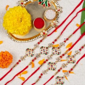 ACCESSHER Traditional Elegant and Stylish Enamel Rhinestone Rakhi for Beloved Brother Pack of 6 Rakhi with Acrylic Peacock Pooja Thali, Roli Kumkum & Happy Rakshabandhan Card