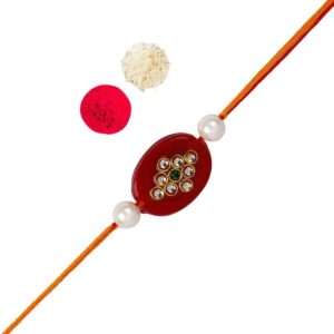 ACCESSHER Elegant and Stylish Maroon Beads Rakhi for Beloved Brother with Acrylic Peacock Pooja Thali, Roli Kumkum Packets and Happy Rakshabandhan Card