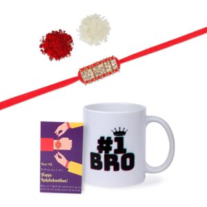 Accessher Gift Set of 3 with Rhinestone Rakhi, Mug & Greeting Card