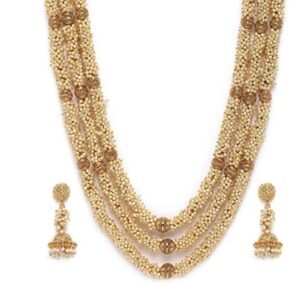 Traditional Gold Plated Handcrafted Long Pearl Mala Necklace with Earrings Set for Women and Girls Set of 1