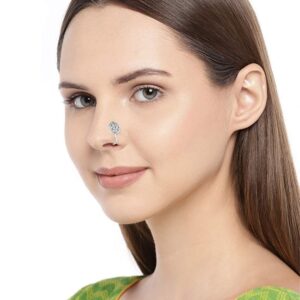 Accessher Silver Ad Nose Pin, Clip On Nose Ring Small Nath Kundan for Women