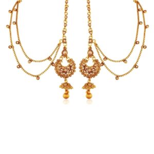 Antique Traditional Gold Plated Rajwadi Semi-Precious Stone Statement Jhumki Earring with Long Chain for Women