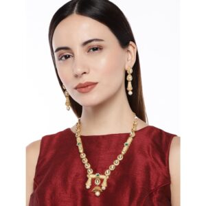 Antique Matt Gold Finish Kundan Long Necklace Set for Women