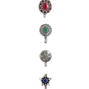 Antique Oxidised Silver Pack of 4 Nosepin For Women