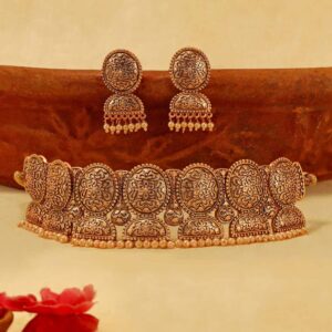 Antique Rose Gold Plated Traditional Choker Necklace & Earrings Set for Women