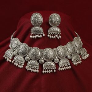 Antique Silver Plated Traditional Oxidised Choker & Earrings Set for Women