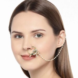 Delicate Emerald and Kundan Studded Nose Ring With Pearl Chain for Women