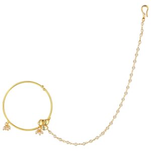 Delicate Jadau Kundan Nose Ring with Pearl Chain for Women