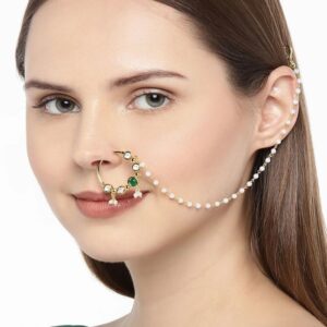 Delicate Kundan Emerald Studded Nose Rings with Chain for Women