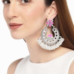 AccessHer German silver Lotus motif chaandbali earrings