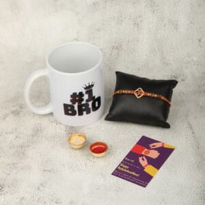 Gift Set of 3 Om Rakhi with Mug & Greeting Card