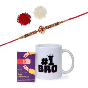 Gift Set of 3 Om Rakhi with Mug & Greeting Card