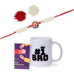 Gift Set of 3 Pearls Rakhi with No. 1 Bro Mug & Greeting Card