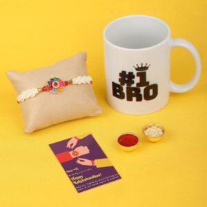 Gift Set of 3 Pearls Rakhi with No. 1 Bro Mug & Greeting Card