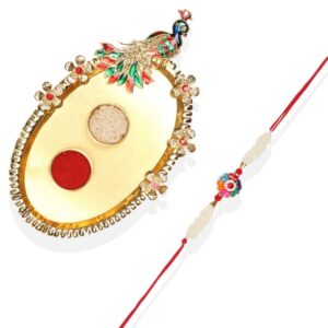 Gift Set of 3 Pearls Rakhi with Peacock Thali & Greeting Card