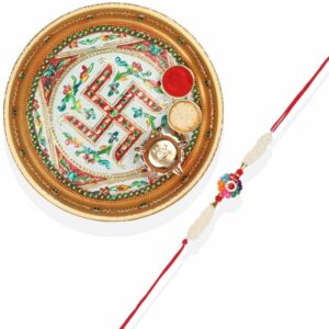 Gift Set of 3 Pearls Rakhi with Swastik Thali & Greeting Card