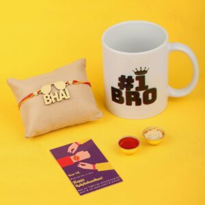 Gift Set of 3 Quirky Rakhi with Mug & Greeting Card