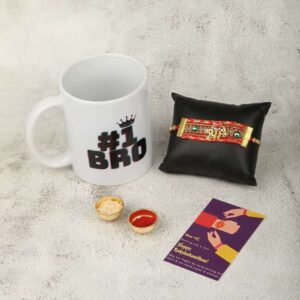 Gift Set of 3 Sri Inscribed with Rakhi, Mug & Greeting Card