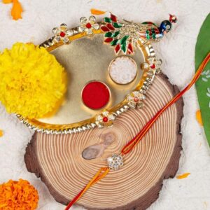 Gift Set of 3 with American Diamond Rakhi, Peacock Thali & Greeting Card