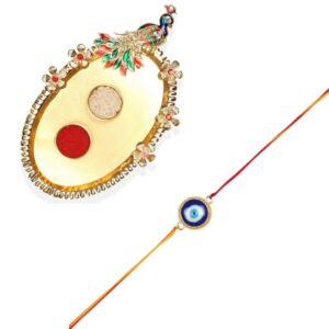 Gift Set of 3 with Evil Eye Rakhi, Peacock Thali & Greeting Card