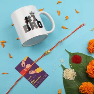 Gift Set of 3 with Gold Elephant Kids Rakhi, Mug & Greeting Card