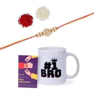 Gift Set of 3 with Kundan Rakhi, Mug & Greeting Card