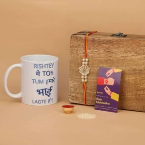 Gift Set of 3 with Kundan Rakhi, Mug & Greeting Card