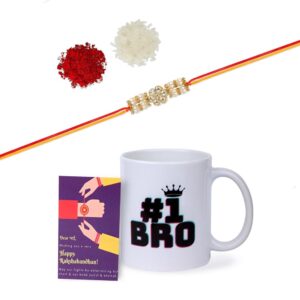 Gift Set of 3 with Kundan Rakhi, Mug & Greeting Card