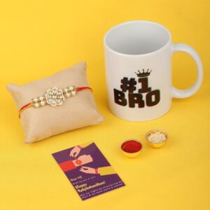 Gift Set of 3 with Kundan Rakhi, Mug & Greeting Card