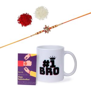 Gift Set of 3 with Om Rakhi, Mug & Greeting Card