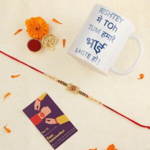 Gift Set of 3 with Om Rakhi, Mug & Greeting Card