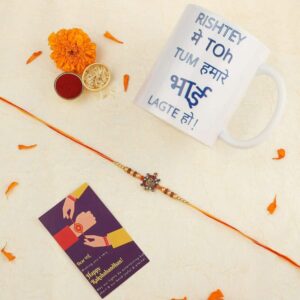 Gift Set of 3 with Om Rakhi, Mug & Greeting Card