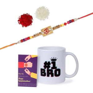 Gift Set of 3 with Om Rakhi, Mug & Greeting Card