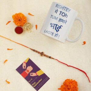 Gift Set of 3 with Om Rakhi, Mug & Greeting Card