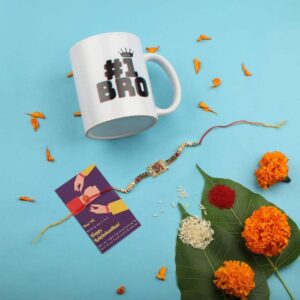 Gift Set of 3 with Om Rakhi, Mug & Greeting Card