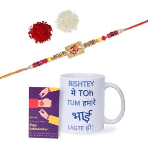 Gift Set of 3 with Om Rakhi, Mug & Greeting Card