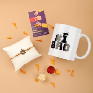 Gift Set of 3 with Om Rakhi, Mug & Greeting Card