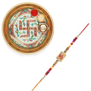 Gift Set of 3 with Om Rakhi, Swastik Thali & Greeting Card