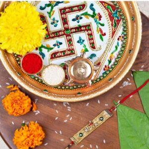 Gift Set of 3 with Quirky Rakhi, Swastik Thali & Greeting Card