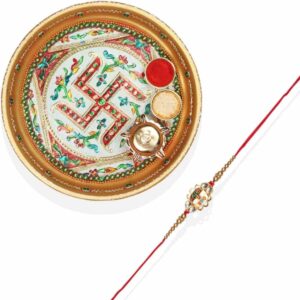 Gift Set of 3 with Quirky Rakhi, Swastik Thali & Greeting Card