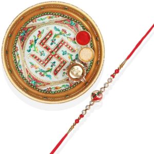 Gift Set of 3 with Religious Lord Ganpati Rakhi, Swastik Thali & Greeting Card