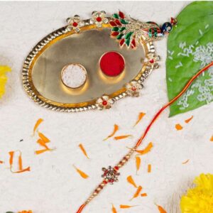 ACCESSHER Elegant Rhinestones Bracelet Rakhi for Beloved Brother Pack of 1 with Acrylic Golden Pooja Thali, Roli Kumkum Packets and Happy Rakshabandhan Card