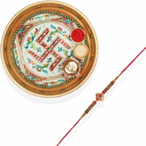 Gift Set of 3 with Religious Om Rakhi, Swastik Thali & Greeting Card