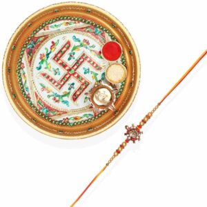 Gift Set of 3 with Religious Om Rakhi, Swastik Thali & Greeting Card